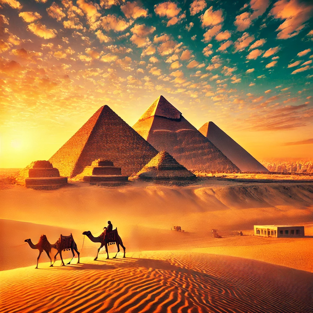 mage de pyramides et dunes évoquant des destinations de rêve pour un visa touristique vers Dubaï ou l'Arabie Saoudite